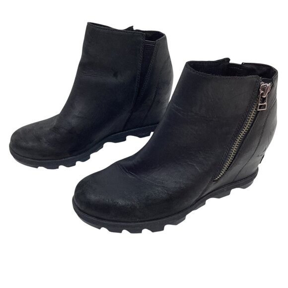 Sorel Joan Of Arctic Wedge ll Zip Womens 9.5 Nubuck Leather Ankle Boots Black - Picture 1 of 11